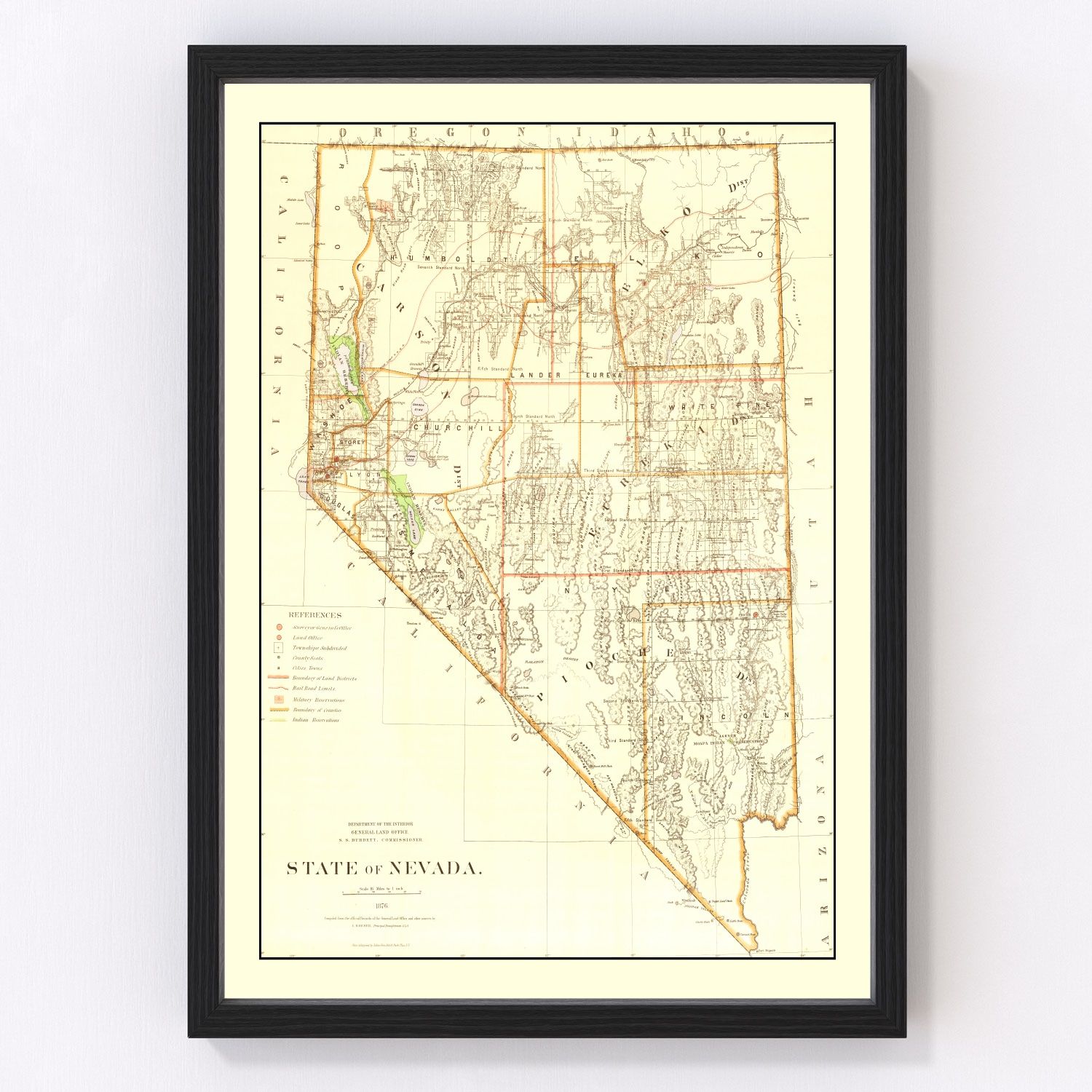 Vintage map of Nevada, 1876