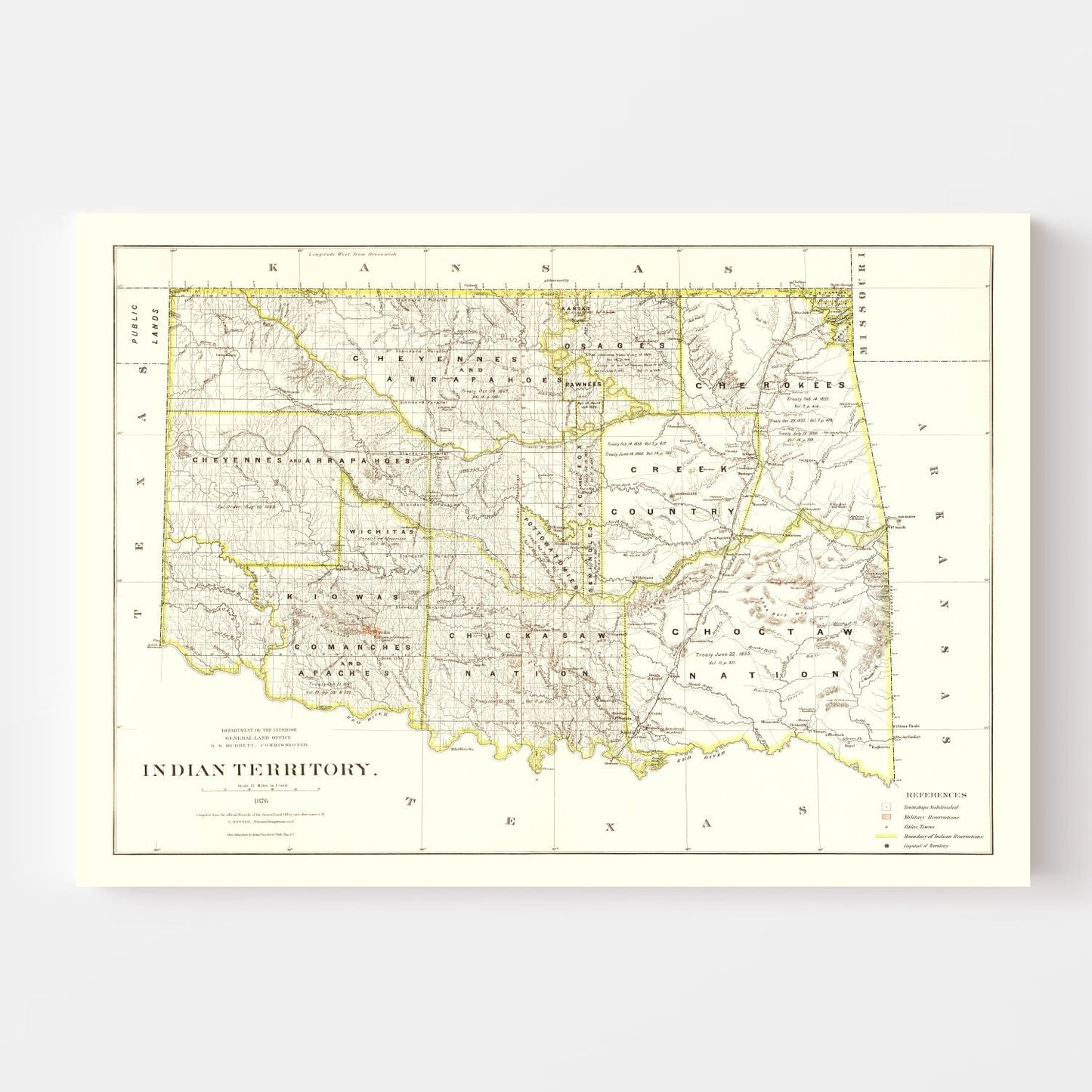 Vintage Map of Oklahoma, 1876
