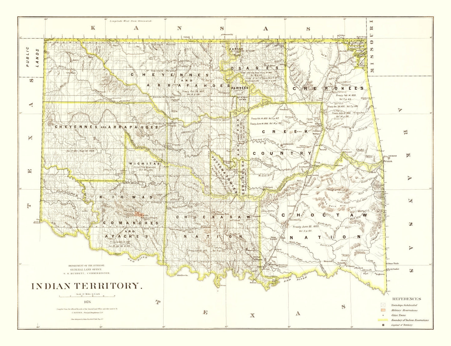 Vintage Map of Oklahoma, 1876