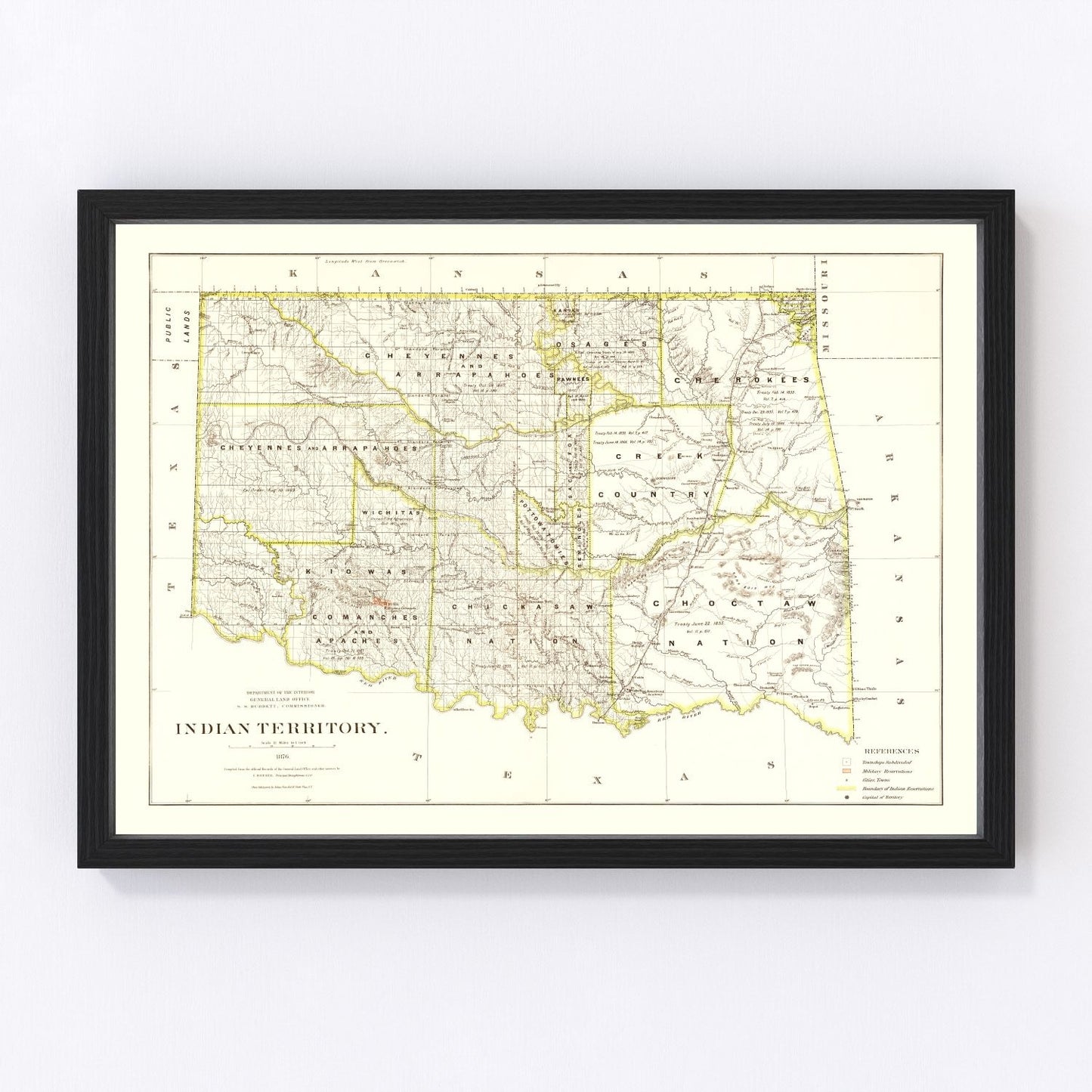 Vintage map of Oklahoma, 1876