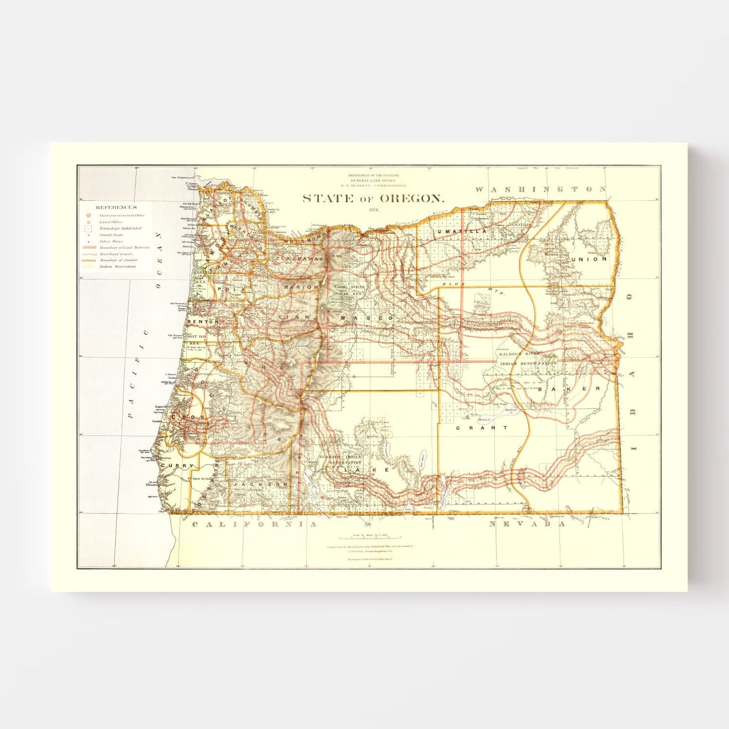 Vintage Map of Oregon, 1876