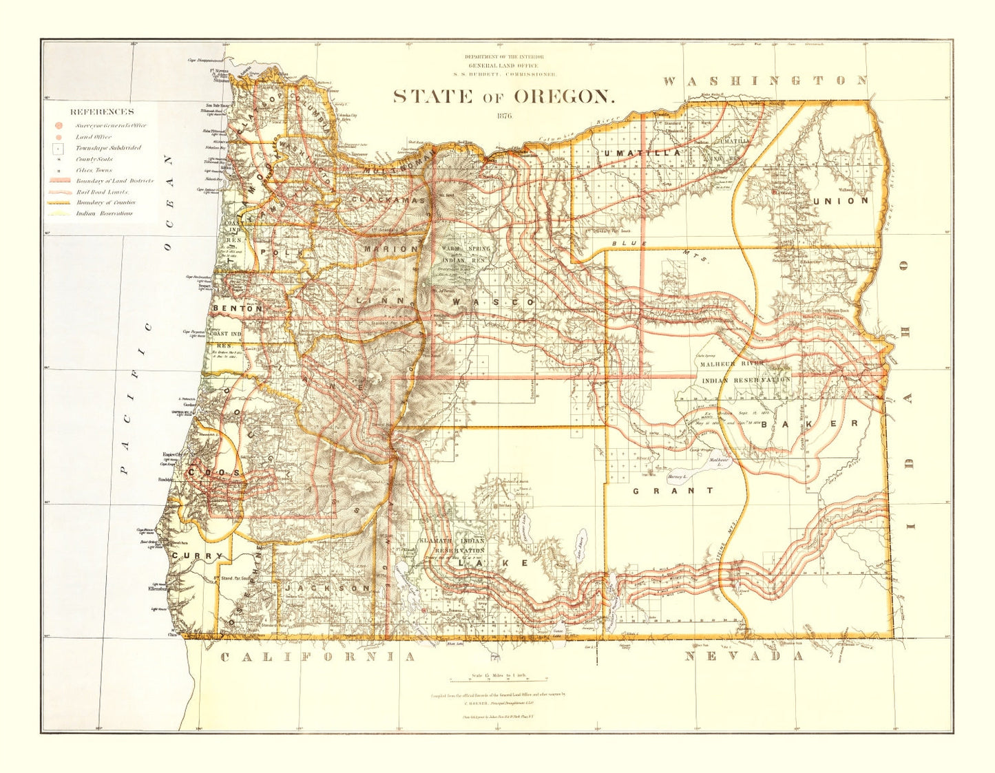 Vintage Map of Oregon, 1876