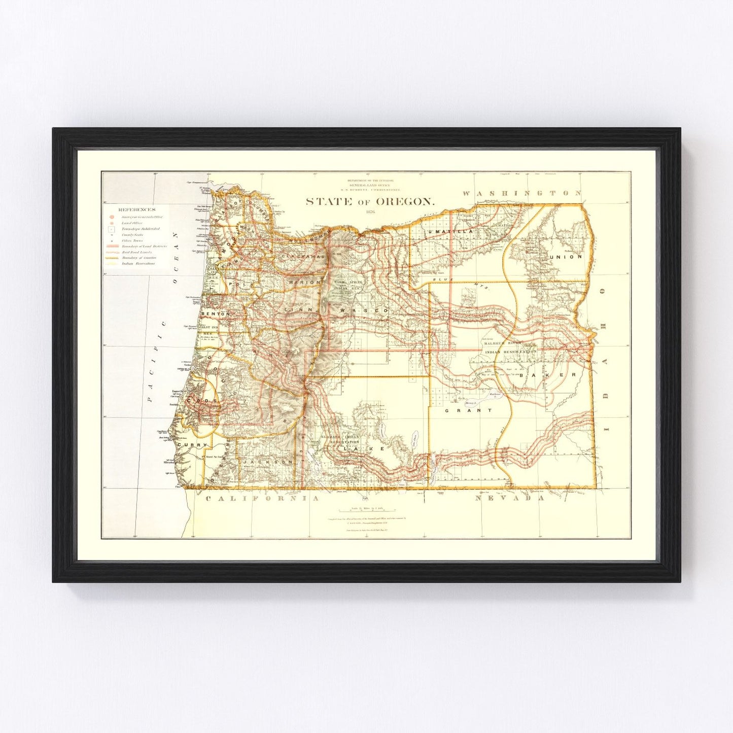 Vintage map of Oregon, 1876