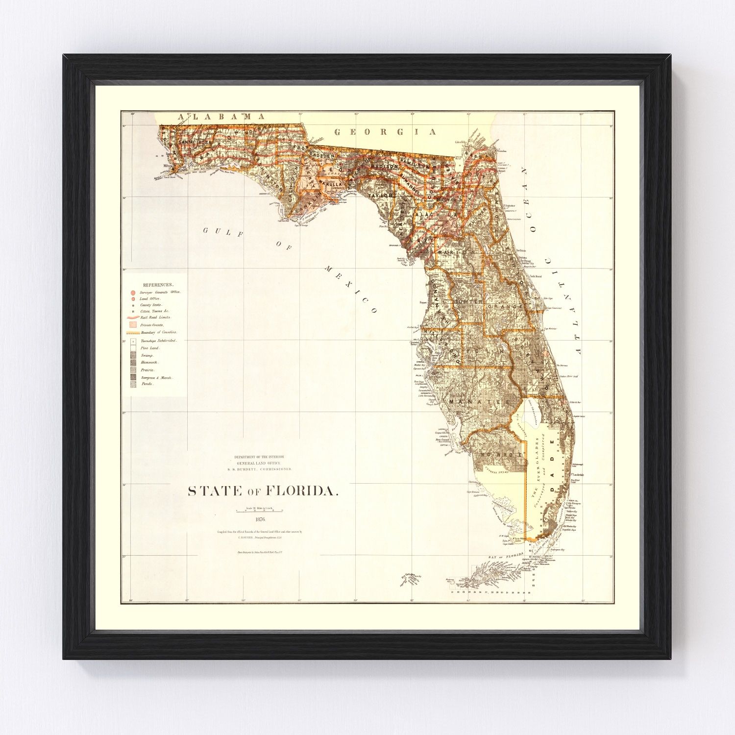 vintage map of Florida, 1876
