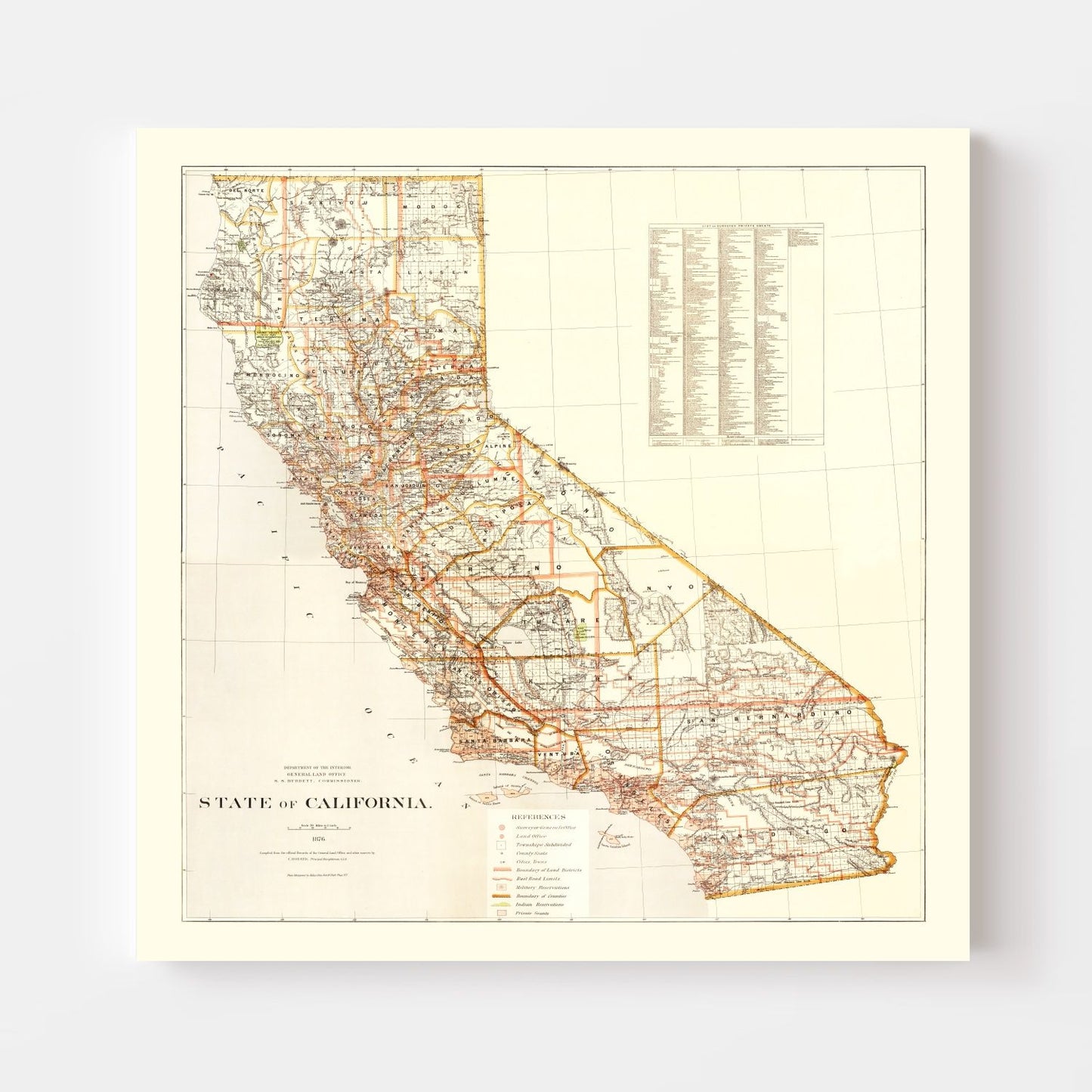 Vintage Map of California, 1876 | Wall Art