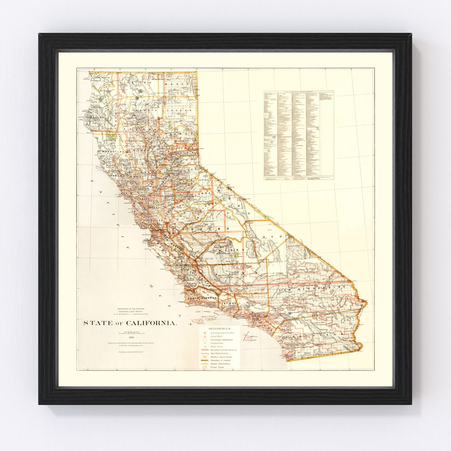 Vintage map of California, 1876, Centennial era restored print