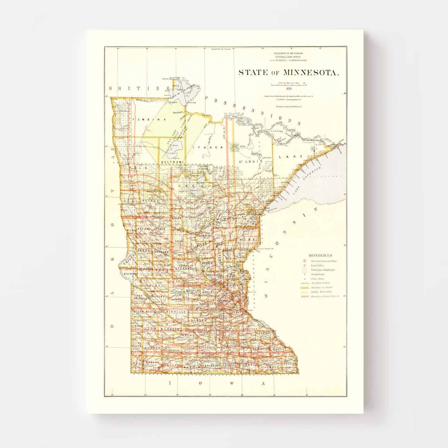 Vintage Map of Minnesota, 1876