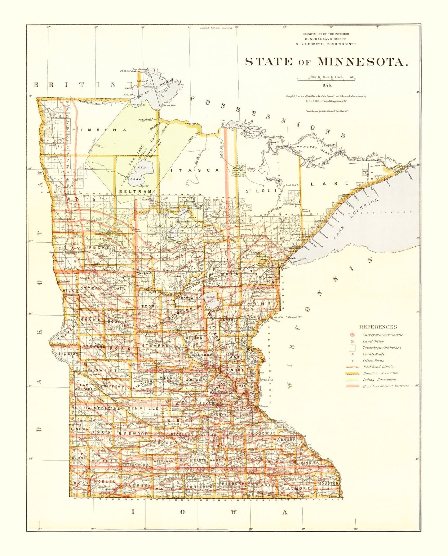 Vintage Map of Minnesota, 1876