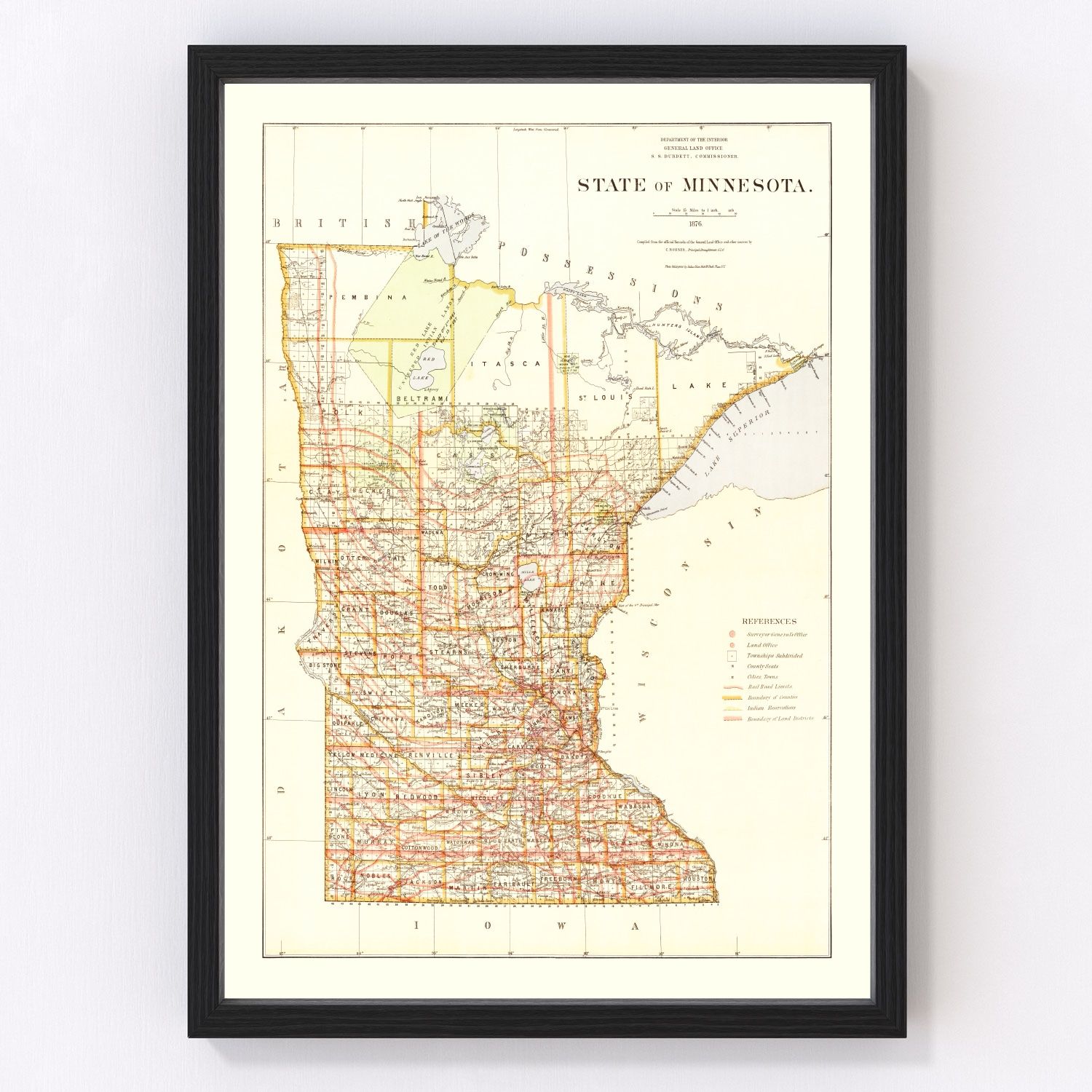 vintage map of Minnesota, 1876