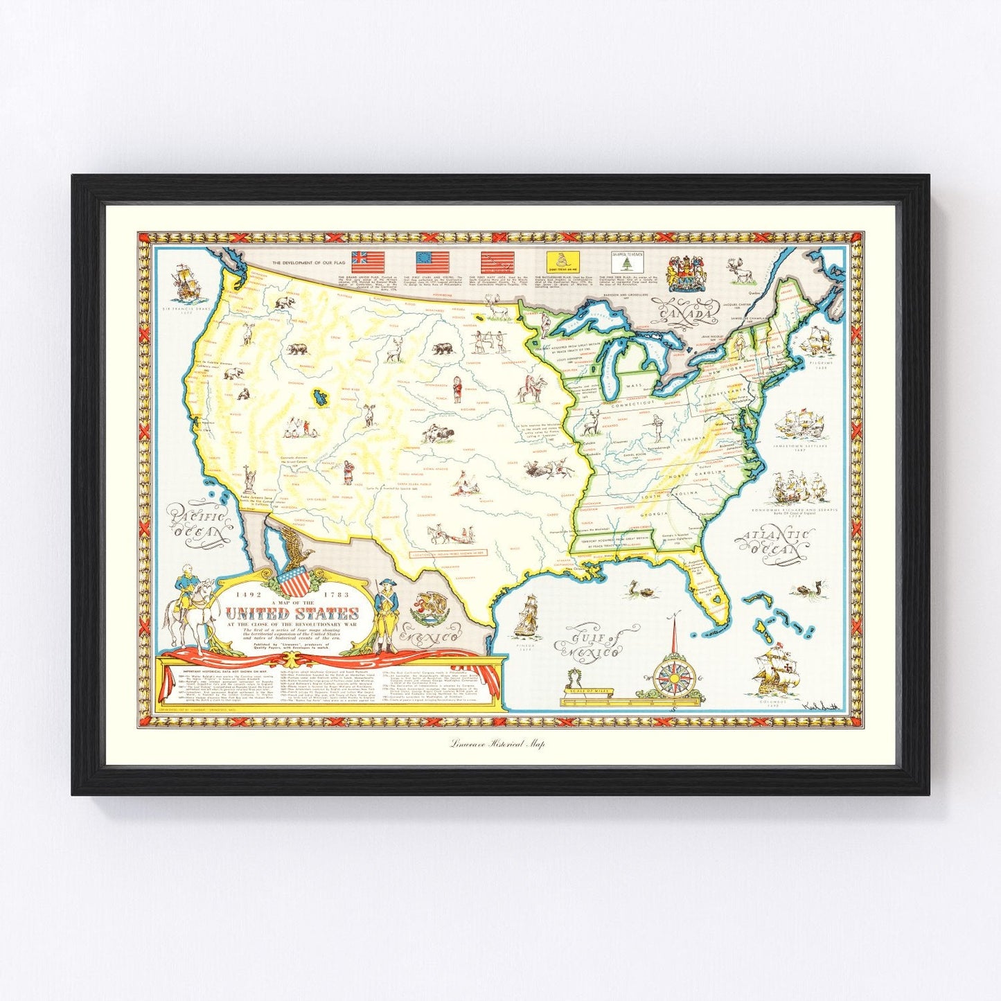Vintage Revolutionary War era map of the United States showing thirteen colonies, restored print