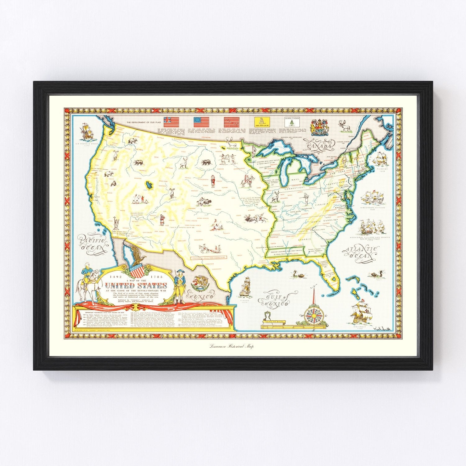 Vintage Revolutionary War era map of the United States showing thirteen colonies, restored print