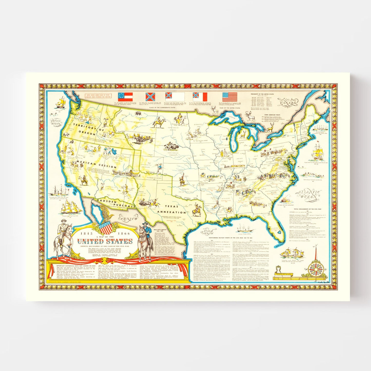 Vintage Civil War Map of the United States Wall Art