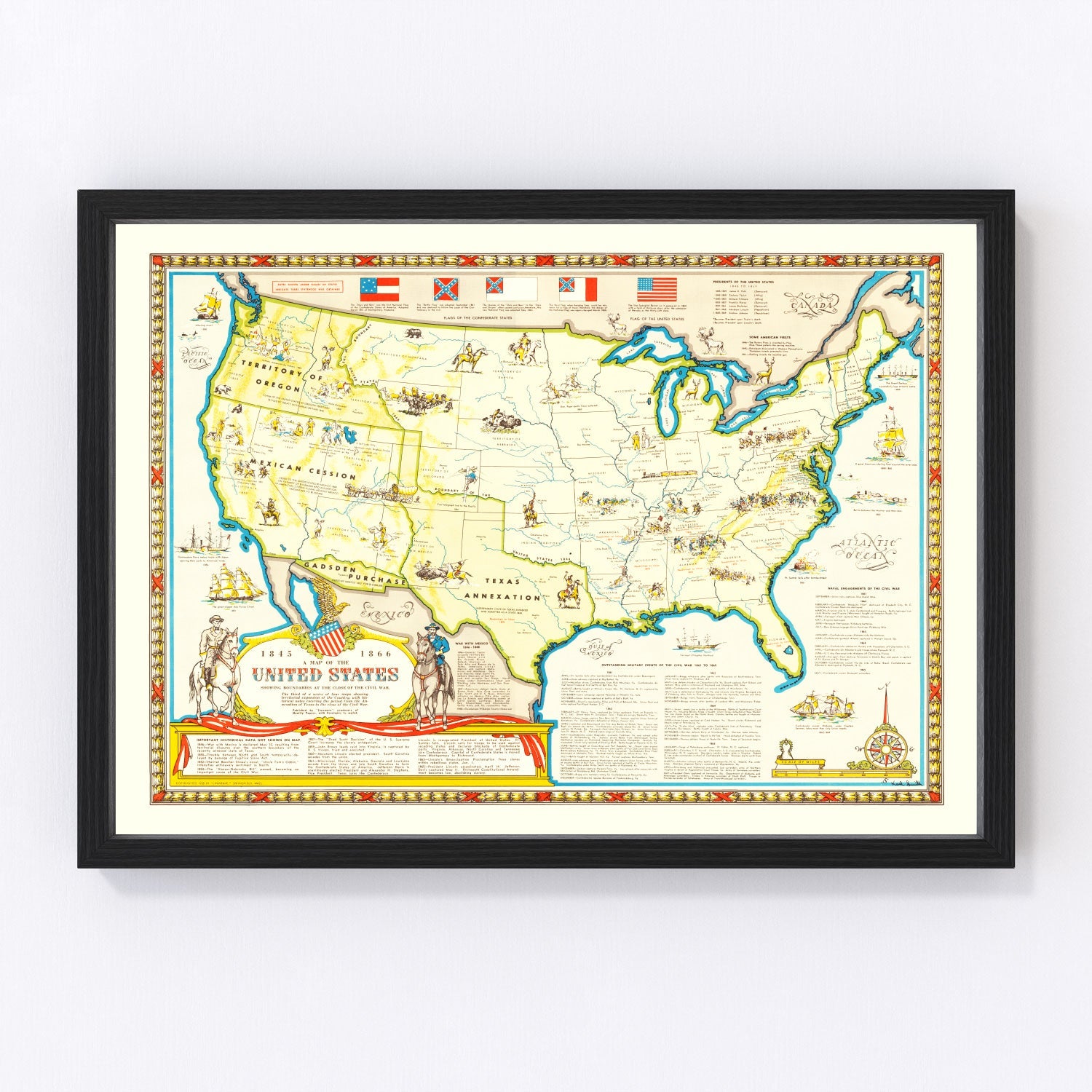 Vintage Civil War map of the United States, digitally restored historical print