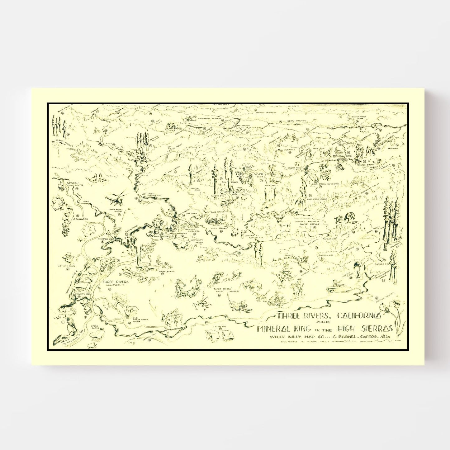 Vintage Map of Three Rivers, California, 1945