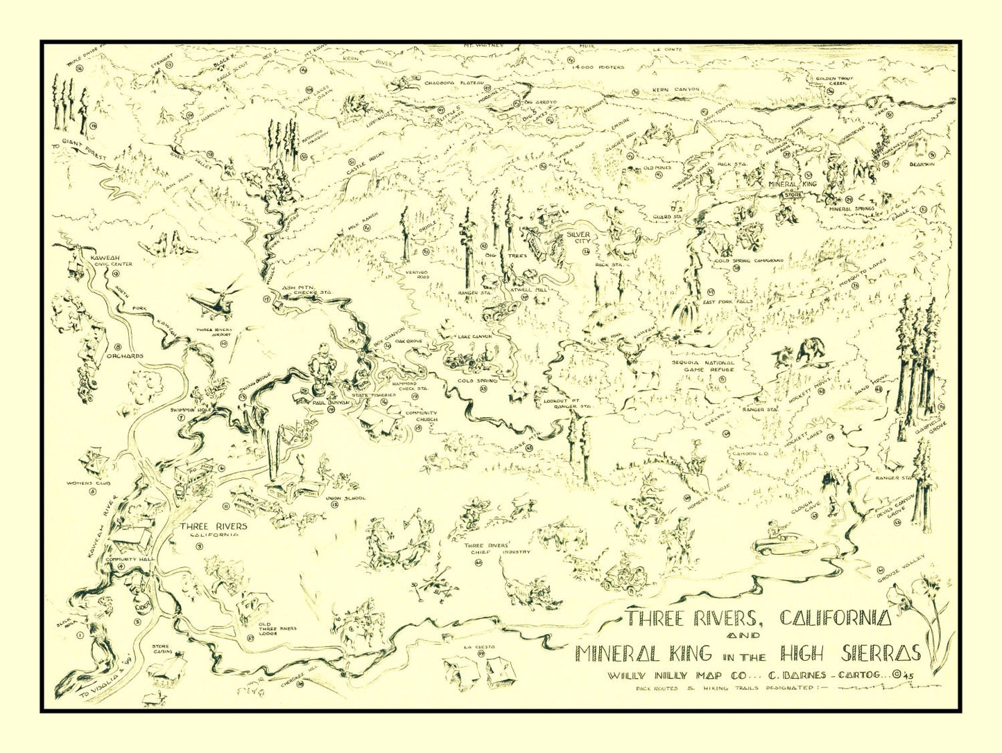 Vintage Map of Three Rivers, California, 1945