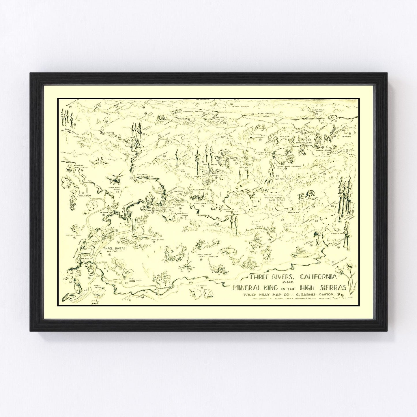 Vintage map of Three Rivers, California, 1945