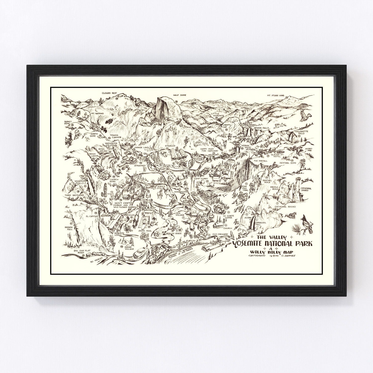 Vintage 1946 Yosemite National Park map California, digitally restored print