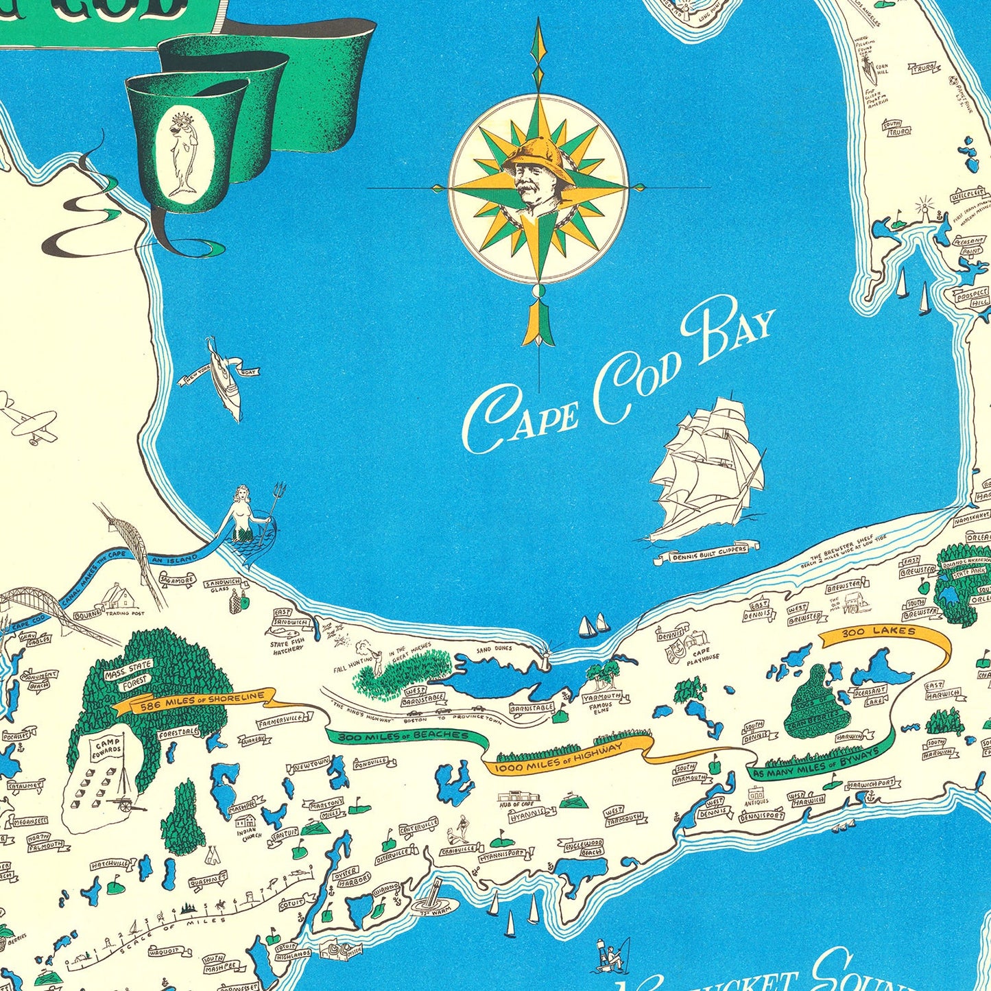 Vintage Map of Cape Cod, Massachusetts, 1940