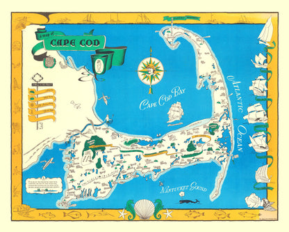 Vintage Map of Cape Cod, Massachusetts, 1940