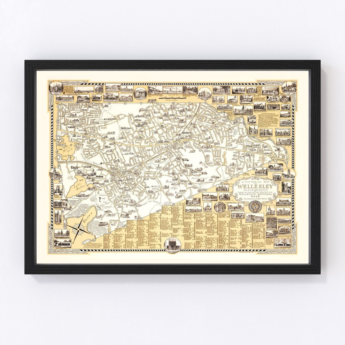 Vintage map of Wellesley, Massachusetts, 1960, Boston suburb lakes and campus