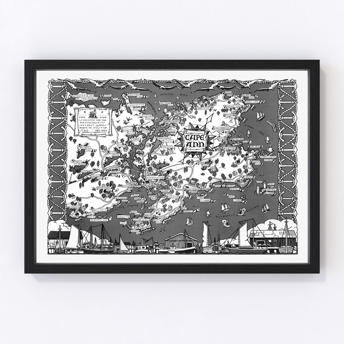 Vintage map of Cape Ann, Massachusetts, 1937, Gloucester and Rockport