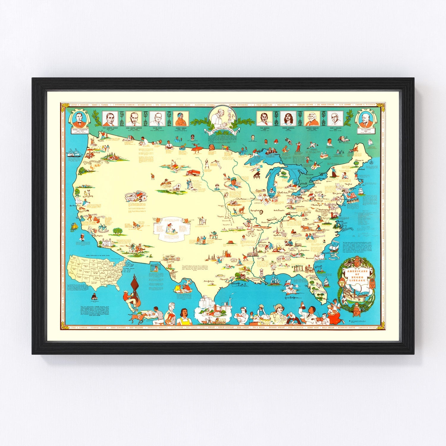 vintage map of Americans of Negro Lineage, 1946, restored print wall art