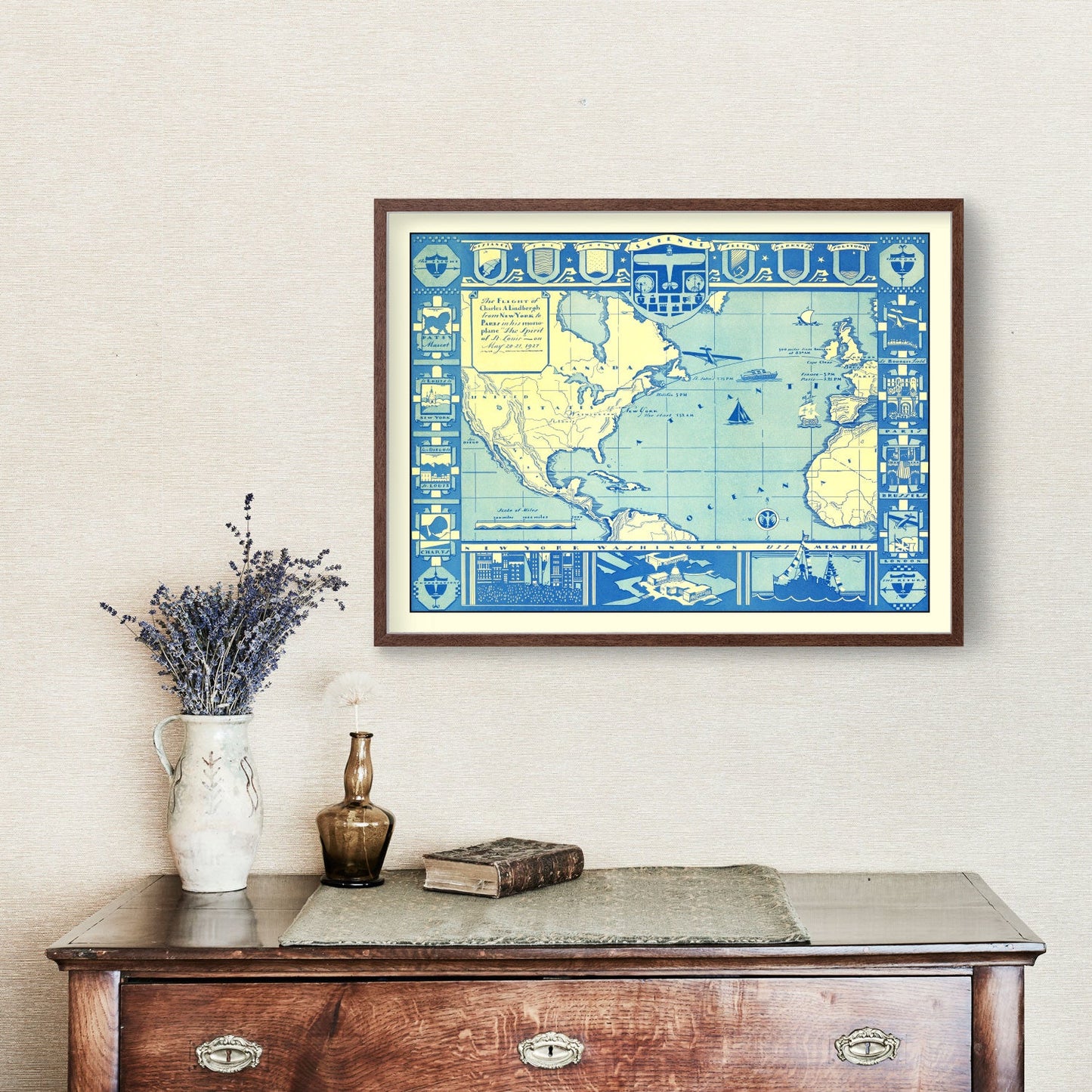 Vintage Map - Flight of Charles Lindbergh, 1927