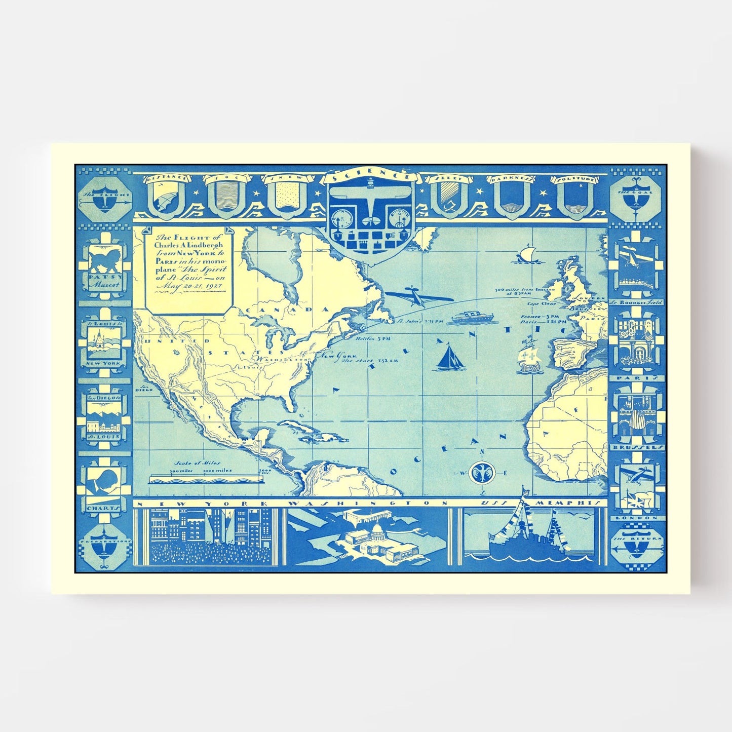 Vintage Map - Flight of Charles Lindbergh, 1927