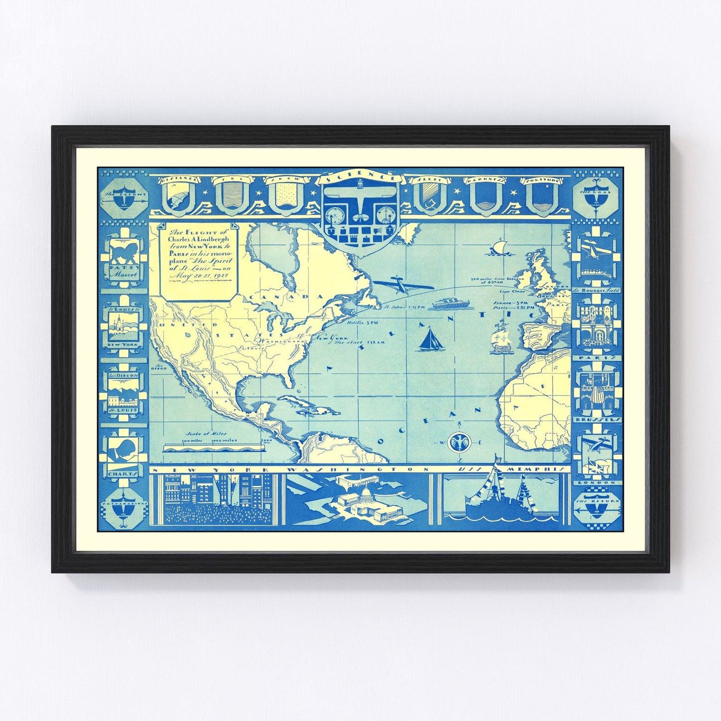 Vintage map of Charles Lindbergh's 1927 transatlantic flight