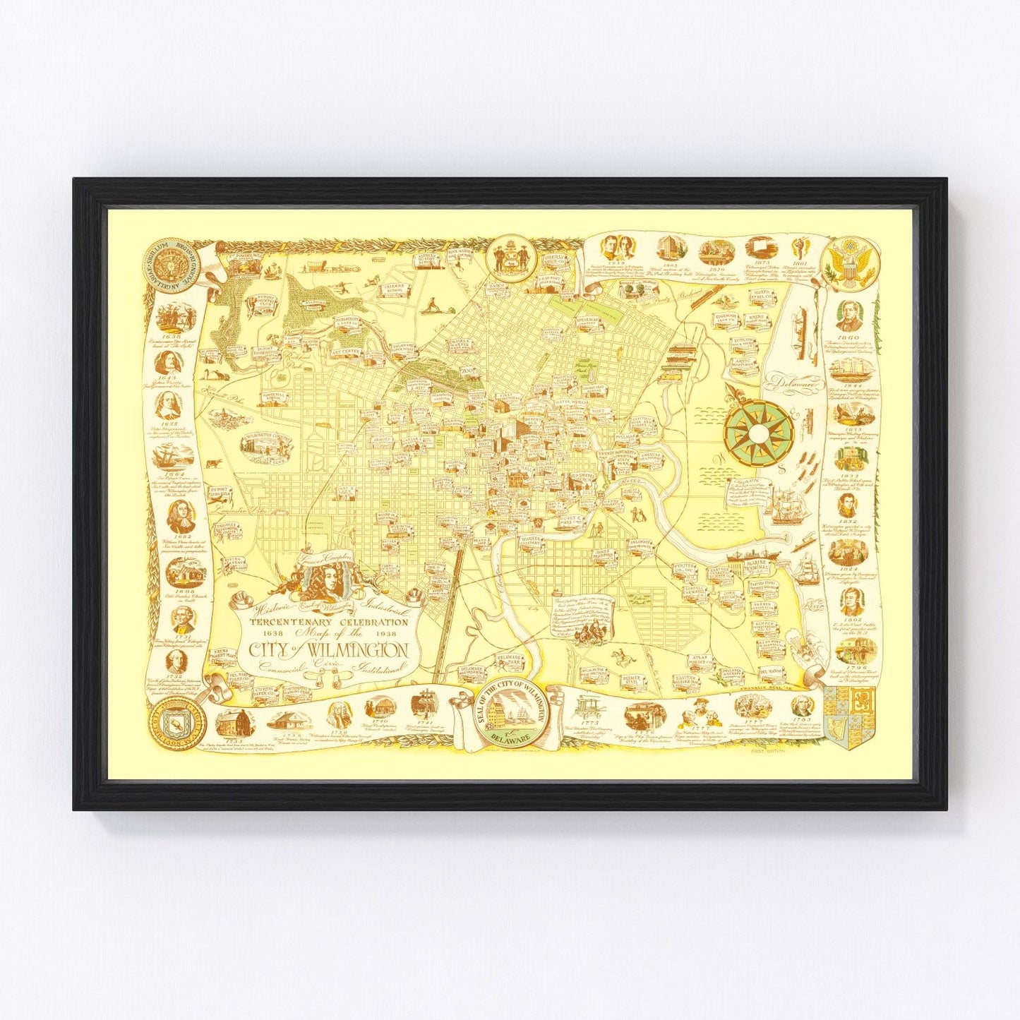 Vintage map of Wilmington, Delaware, 1938, pre-war city restored