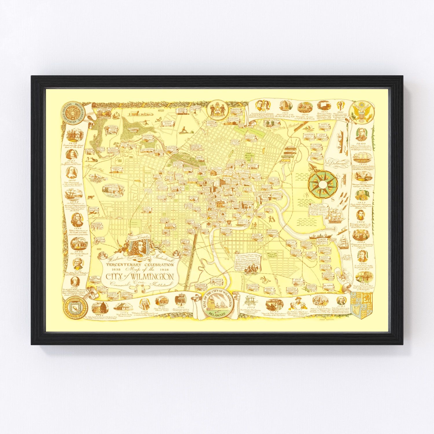 Vintage map of Wilmington, Delaware, 1938, pre-war city restored