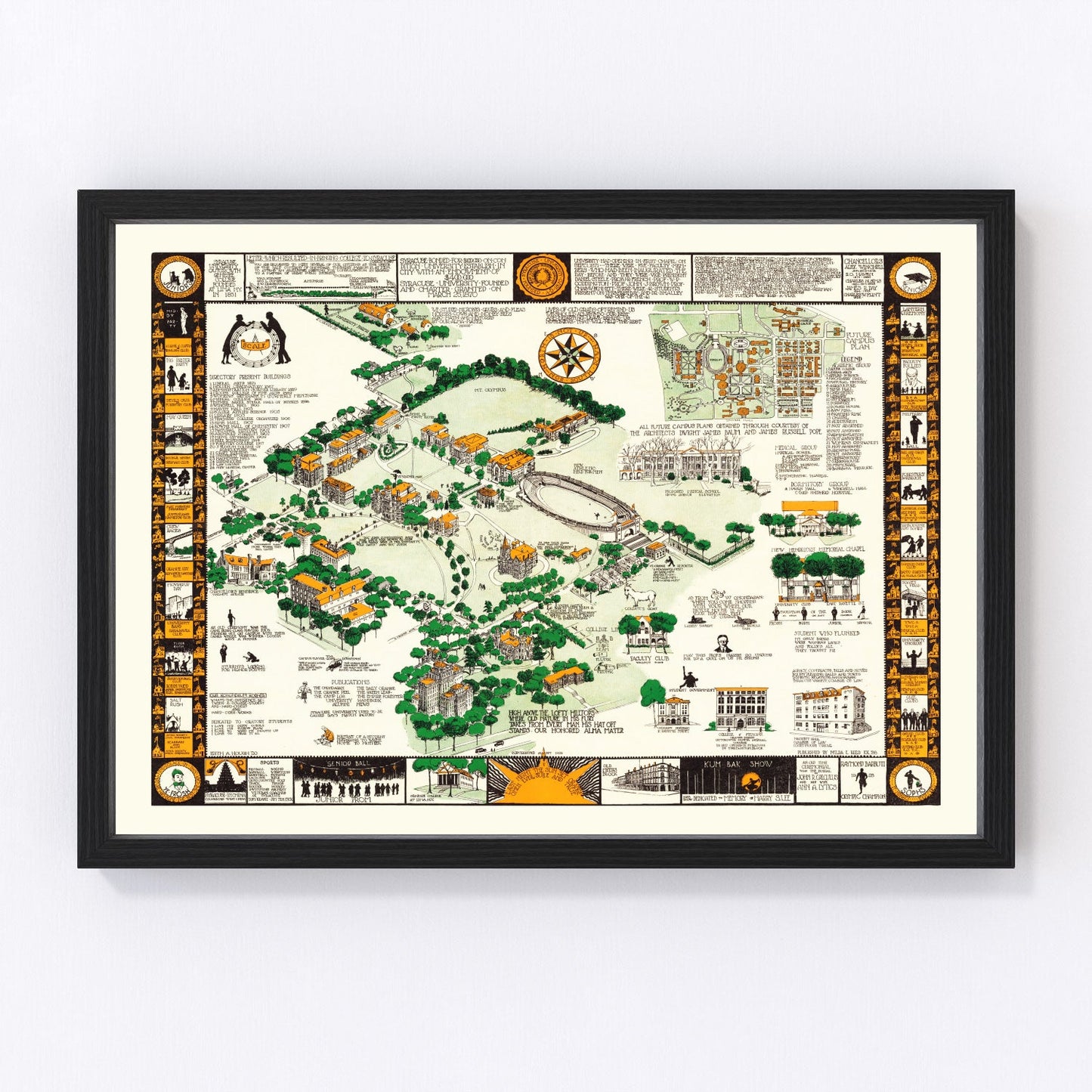 Vintage 1928 Syracuse University campus map, restored print wall art