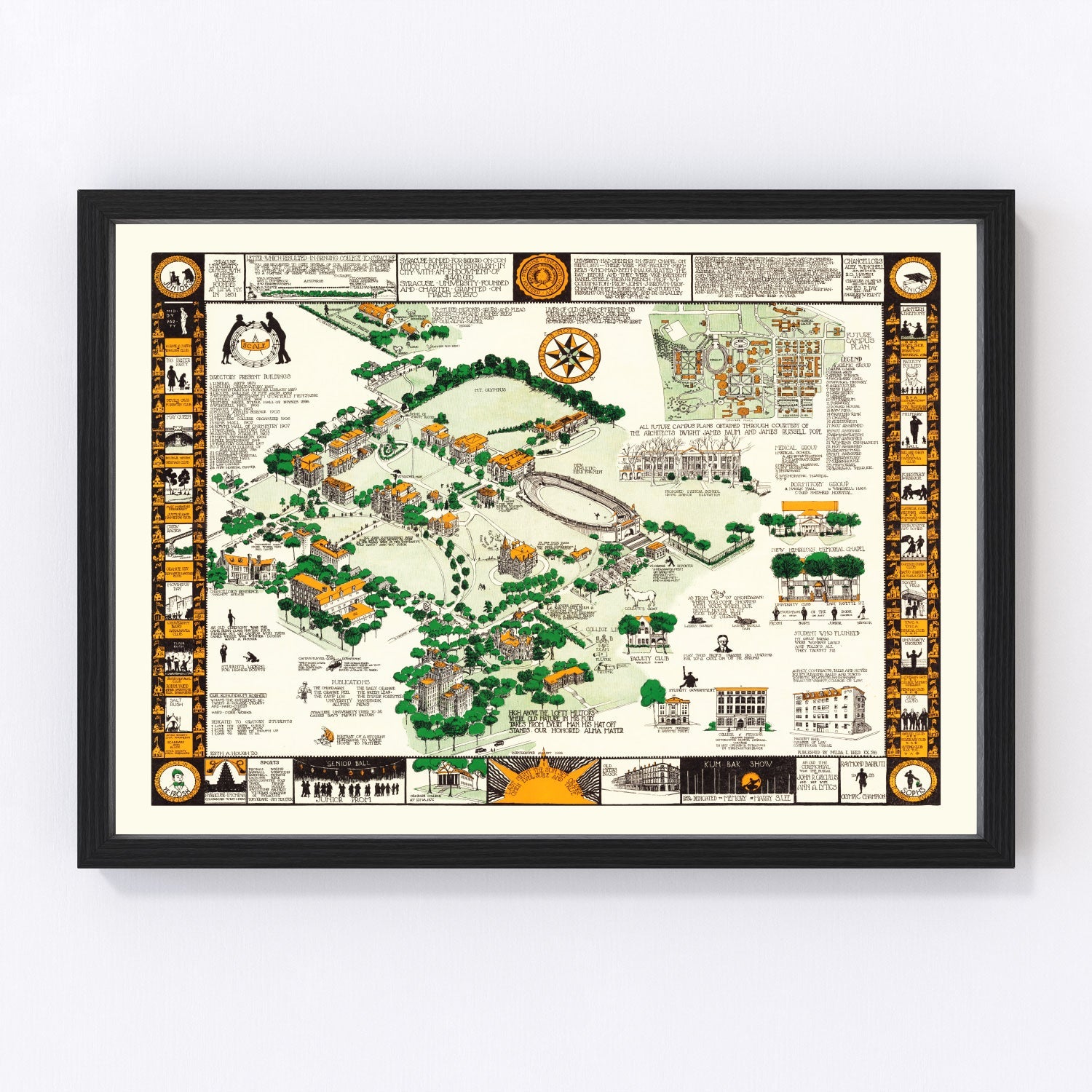 Vintage 1928 Syracuse University campus map, restored print wall art
