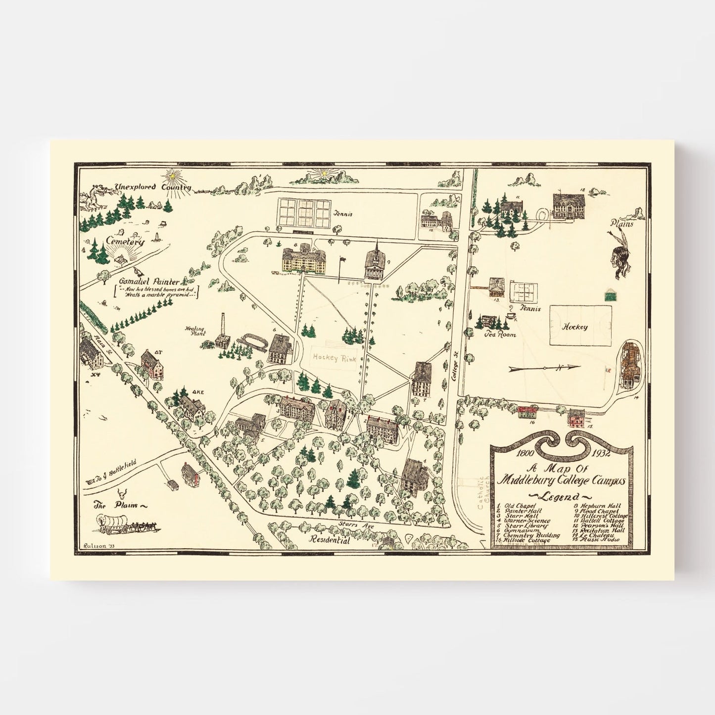 Vintage Map of Middlebury College, Vermont, 1933