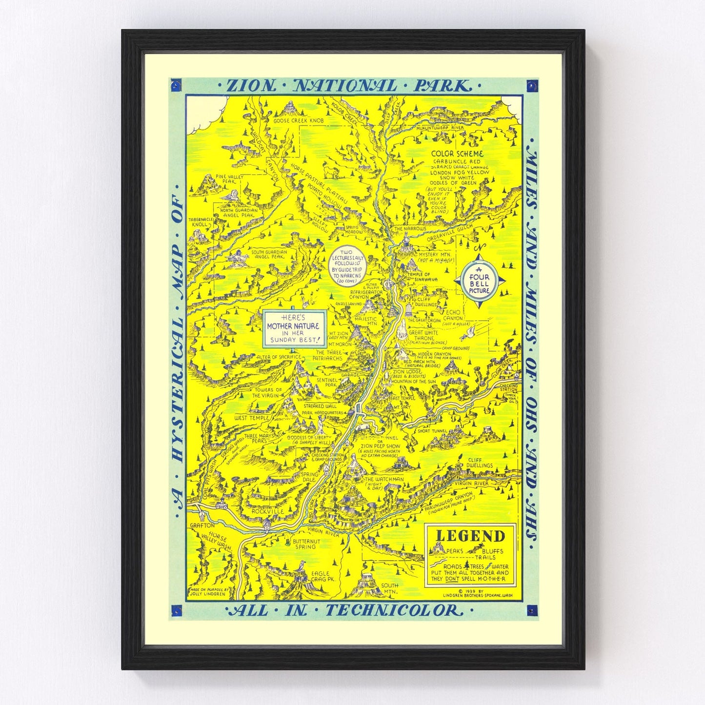 Vintage 1939 Zion National Park map Utah, digitally restored print