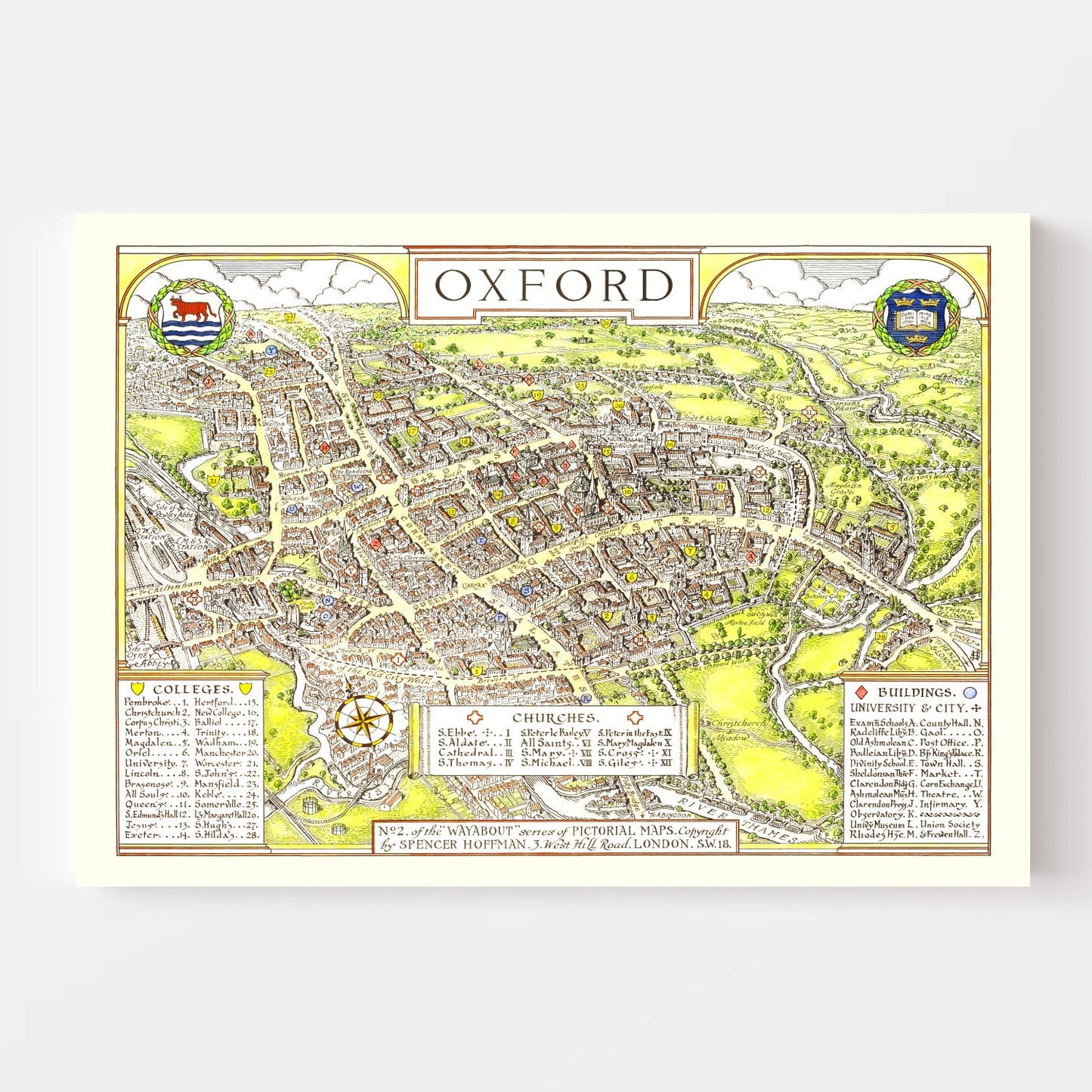Vintage Map of Oxford, England, 1936