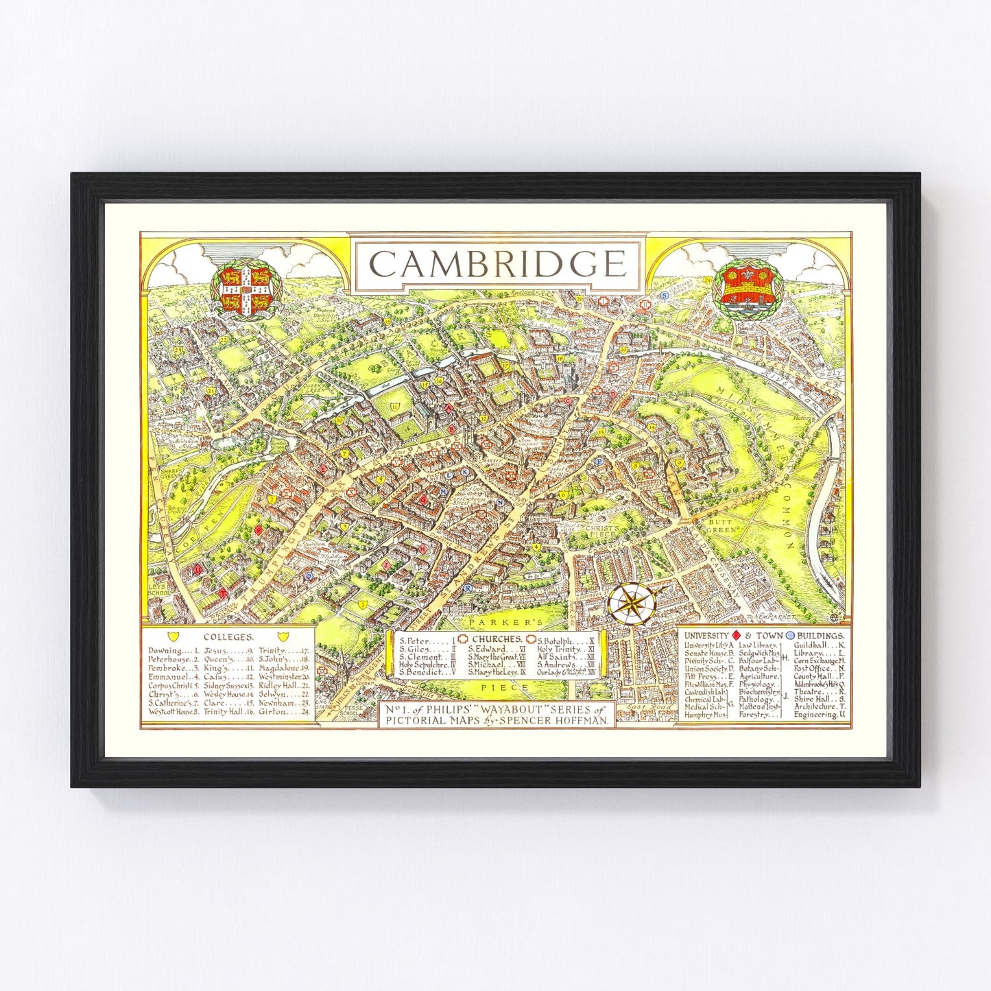 Vintage map of Cambridge, England, 1929, university city restored print