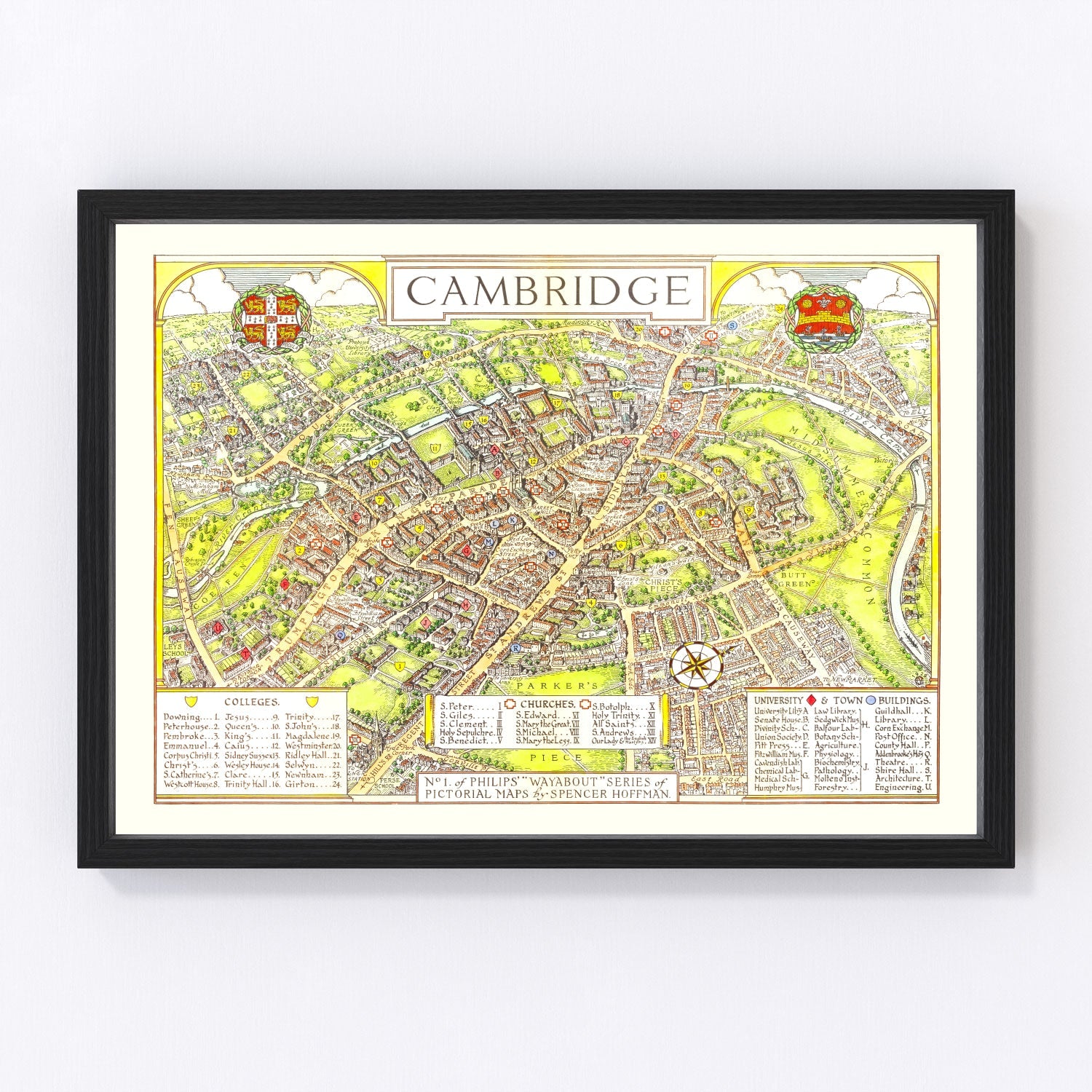 Vintage map of Cambridge, England, 1929, university city restored print