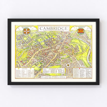 Vintage map of Cambridge, England, 1929, university city restored print