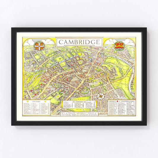 Vintage map of Cambridge, England, 1929, university city restored print