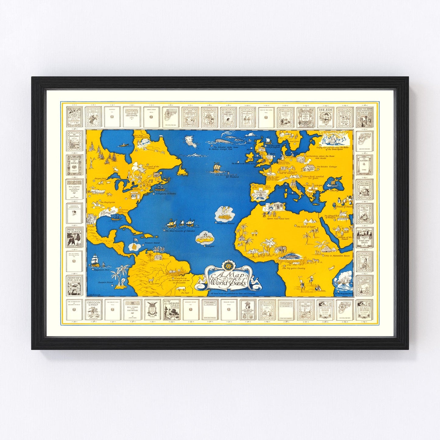 World of Books vintage map 1928, illustrated literary restored print wall art