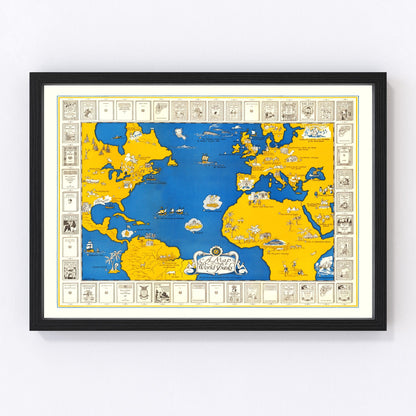 World of Books vintage map 1928, illustrated literary restored print wall art
