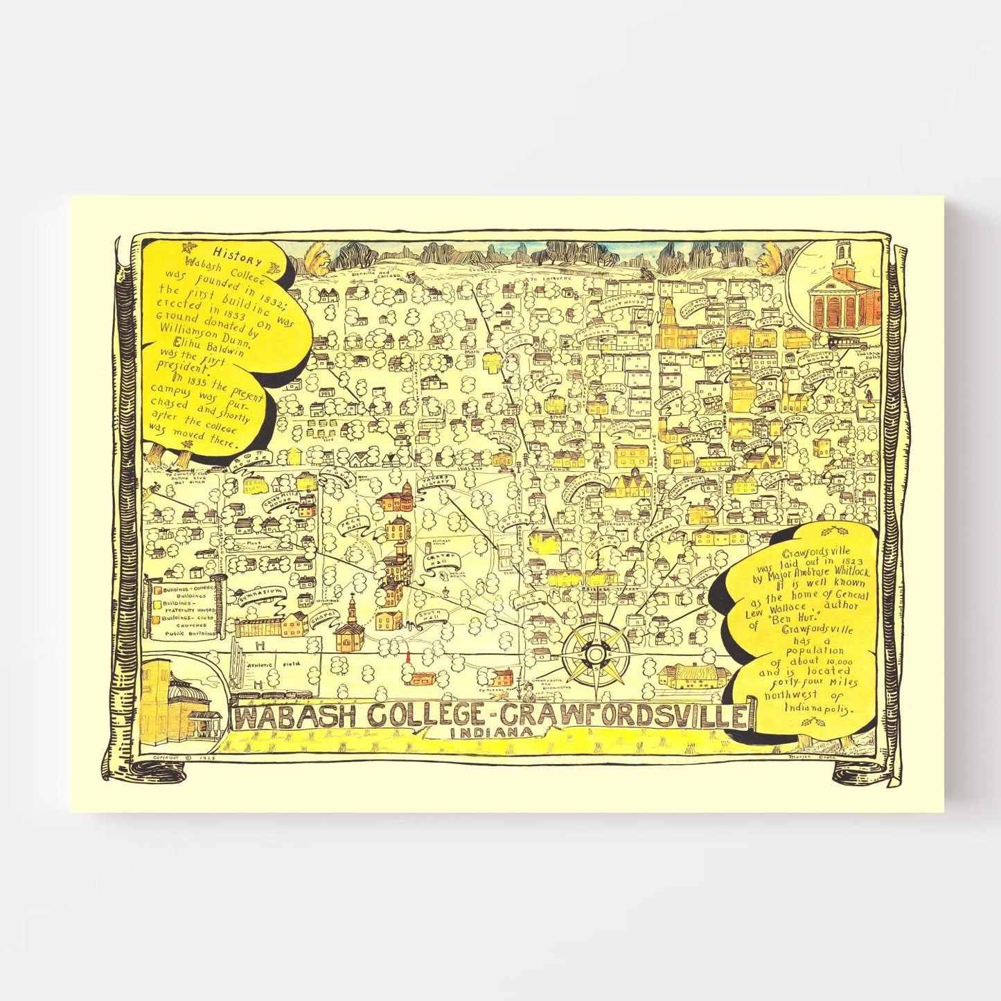 Vintage Map of Wabash College, Crawfordsville, Indiana, 1928