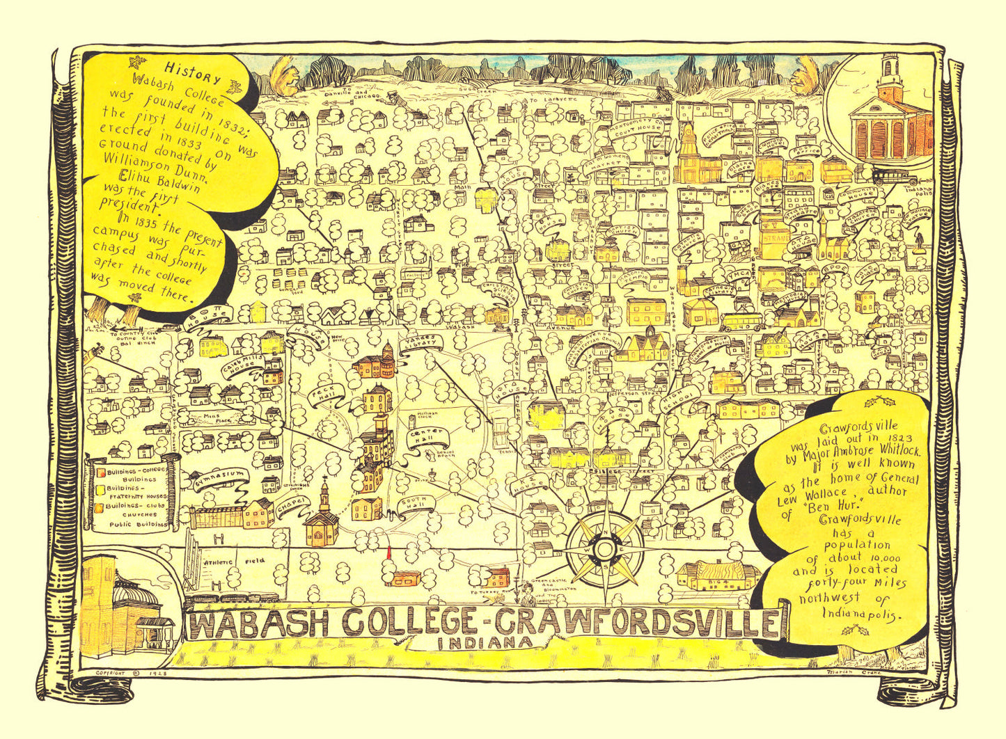 Vintage Map of Wabash College, Crawfordsville, Indiana, 1928