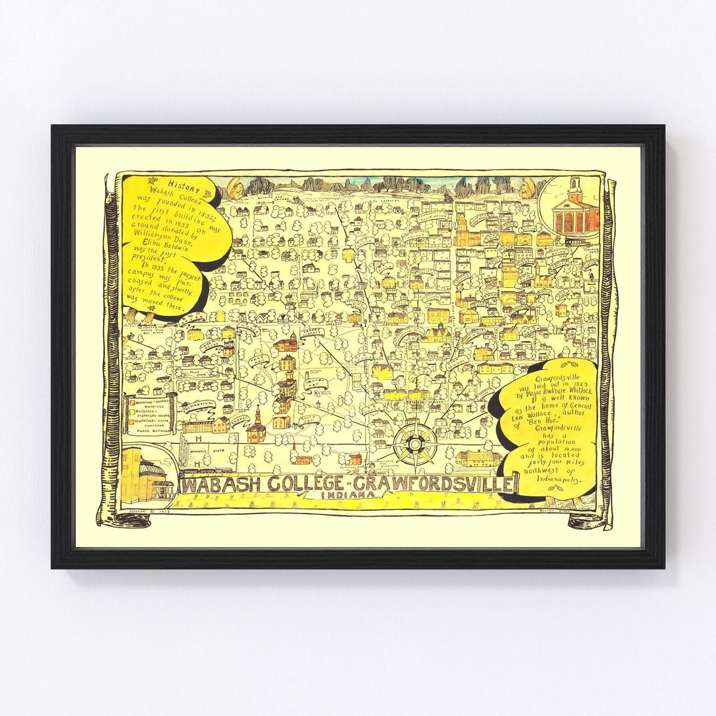 Vintage map of Wabash College area, Crawfordsville, Indiana, 1928