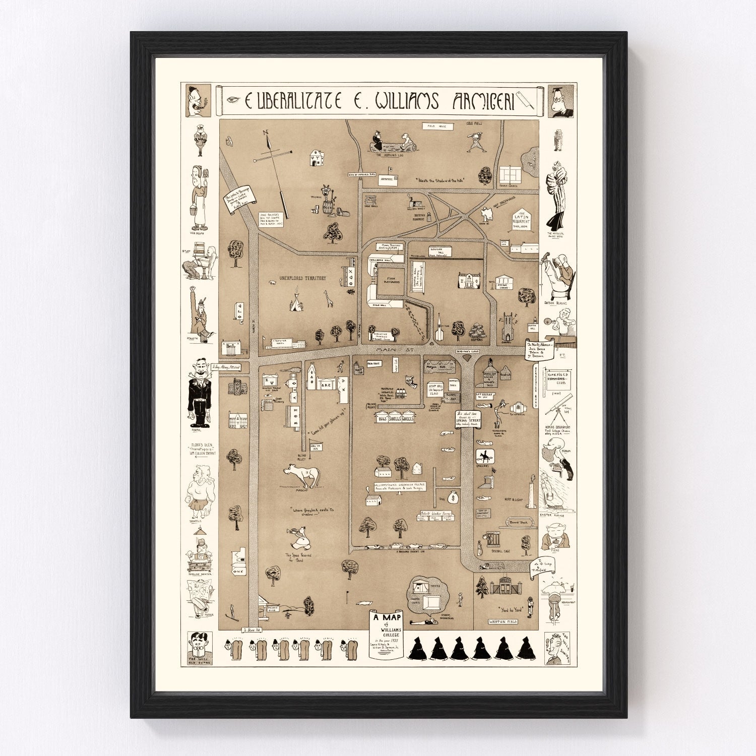 Vintage map of Williamstown, Massachusetts, 1935, college town streets and hills