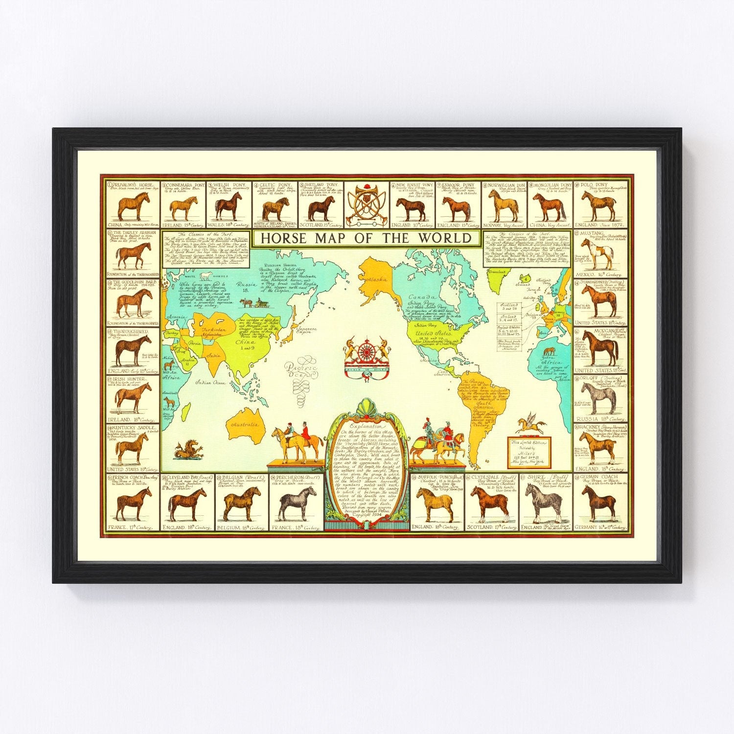 Vintage 1934 world map of horses showing breeds by region, restored print