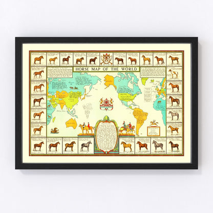 Vintage 1934 world map of horses showing breeds by region, restored print