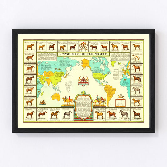 Vintage 1934 world map of horses showing breeds by region, restored print