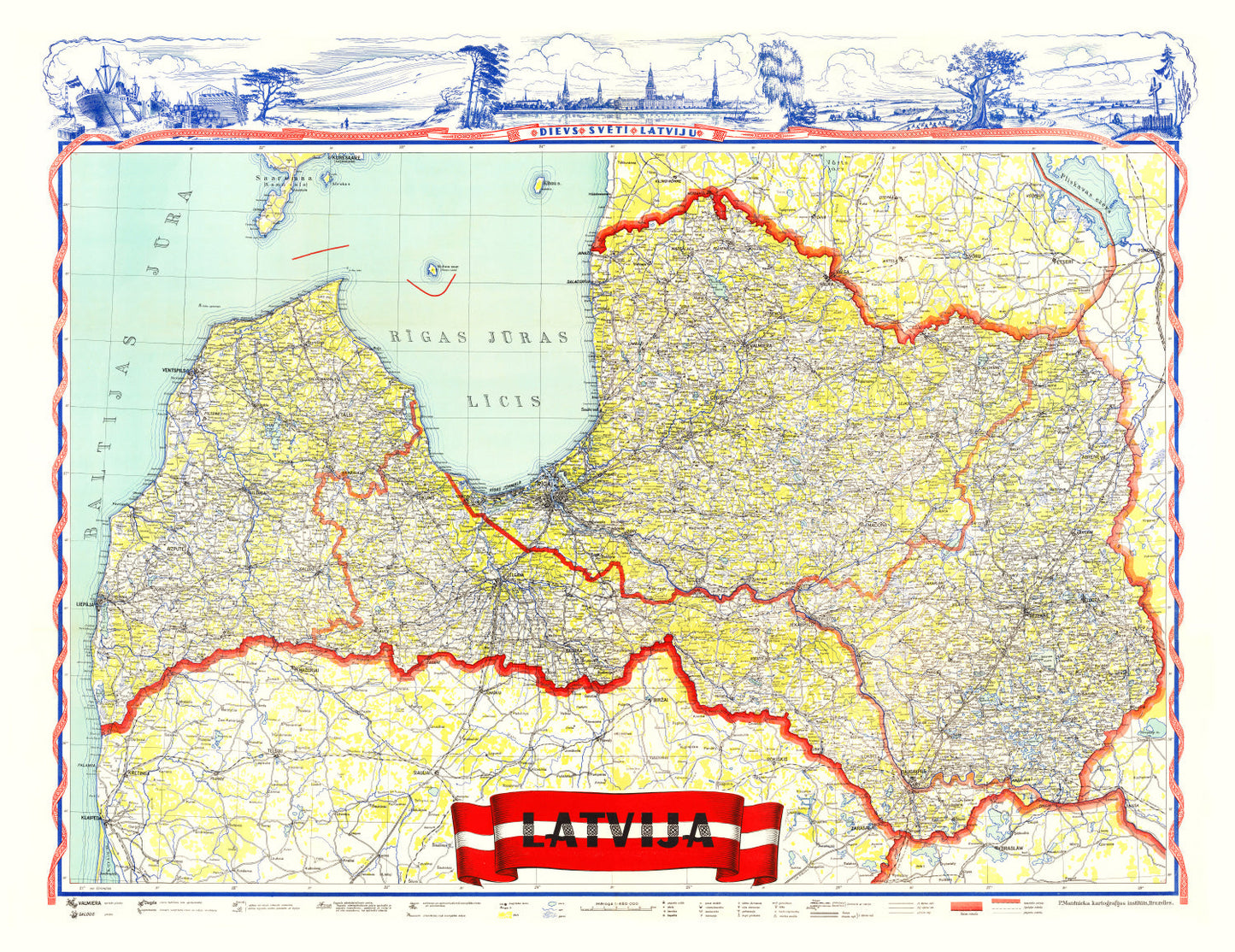 Vintage Map of Latvia, 1950